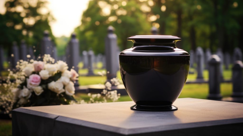 Eine Urne bei einer Bestattung in Rheinfelden. Im Hintergrund ist ein Blumengesteck und der Friedhof zu sehen.